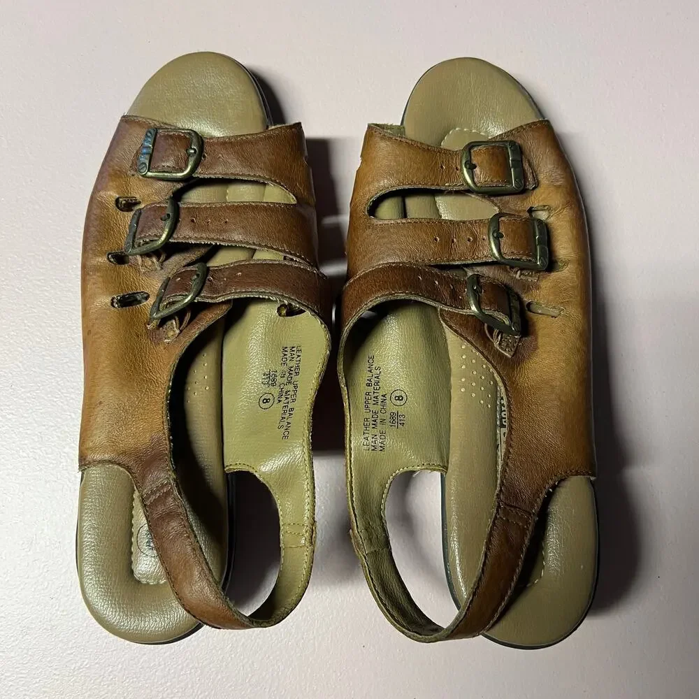 The Leather Collection Strappy Buckle Slingback Brown Leather Sandals Womens 8